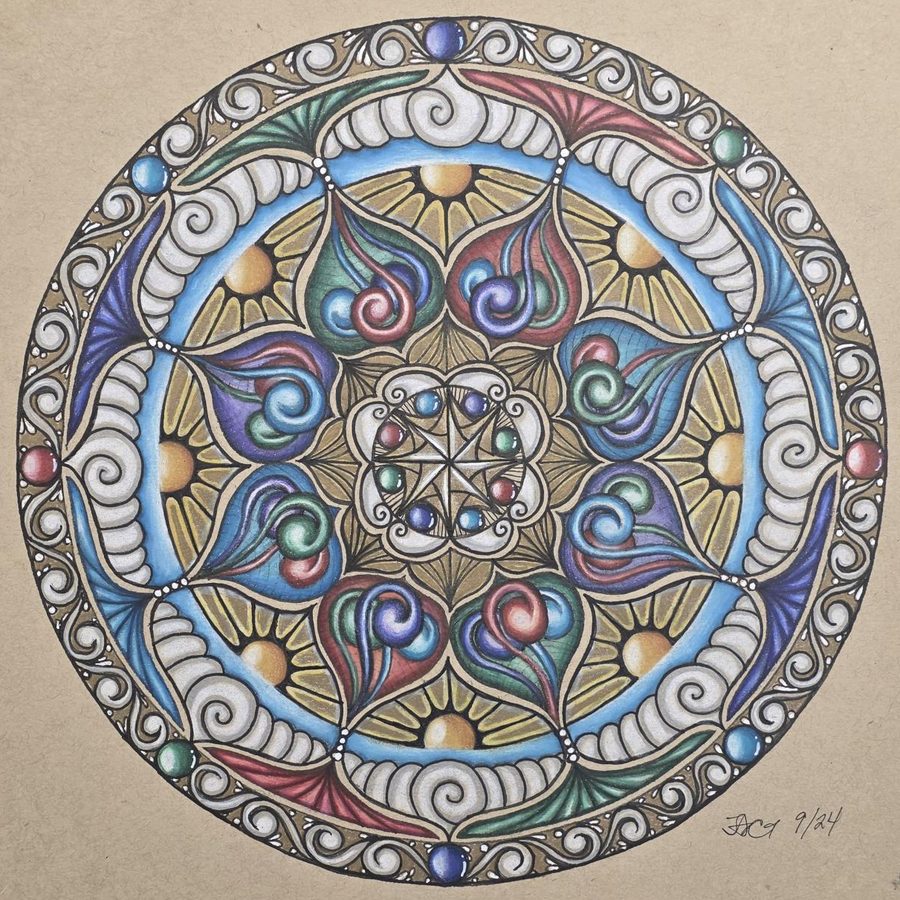 Circular drawing with bright blue, gold, and violet petals